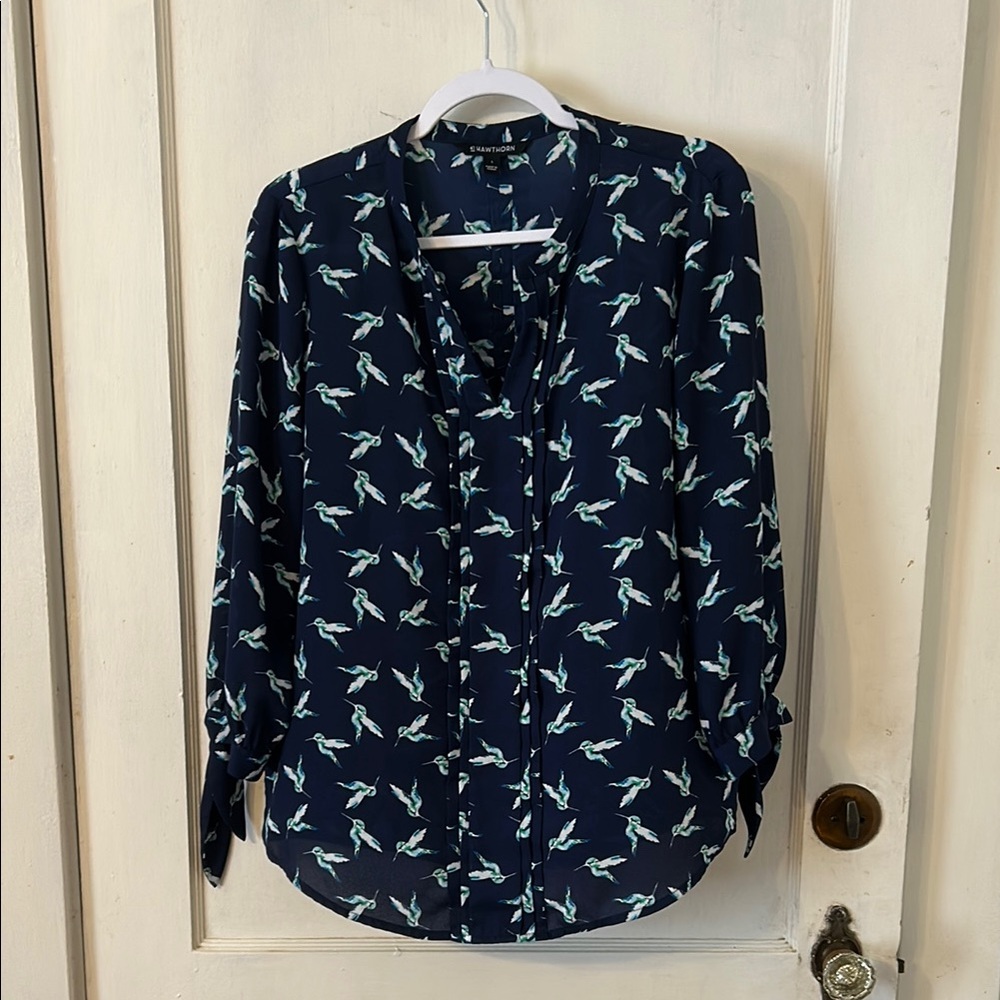41 Hawthorn Dark Blue Blouse with Light Bird Print